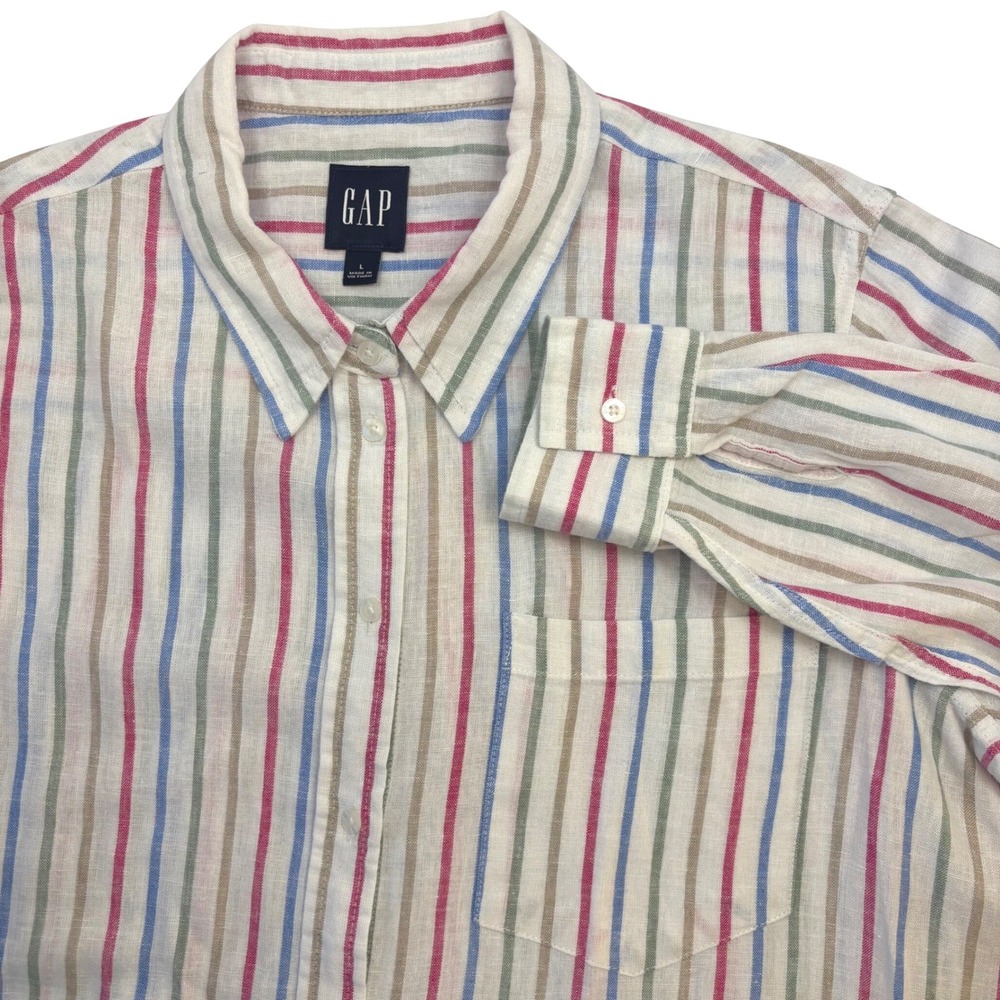 Gap Womens Linen Blend Multi Color Striped Button Down Shirt Large Long‎ Sleeve